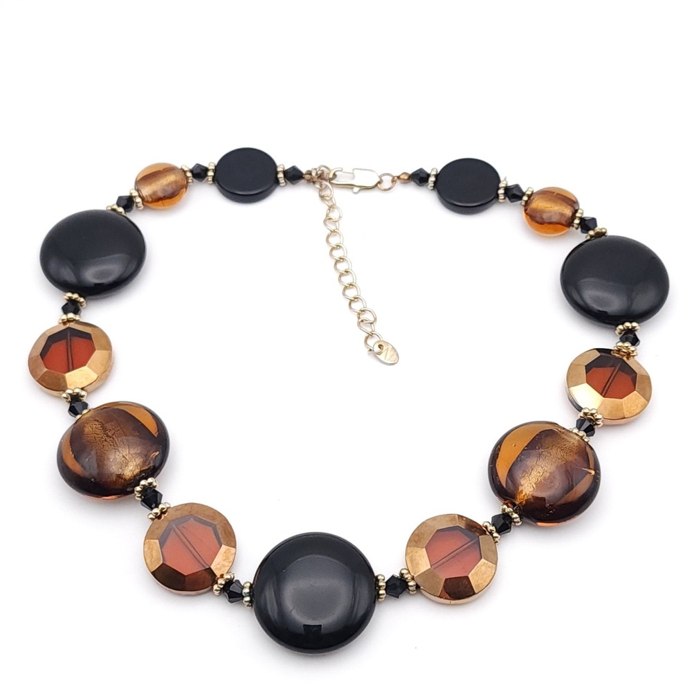 Vintage‎ Napier Black Amber Beaded Necklace Chunky Gold Tone - Picture 3 of 8